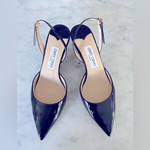 Jimmy Choo Black Patent Leather Kitten Heel Slingbacks